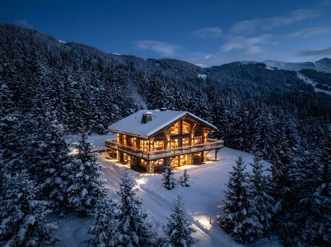 A beautiful wooden chalet nestled in a dense pine forest during a quiet, snowy winter evening.