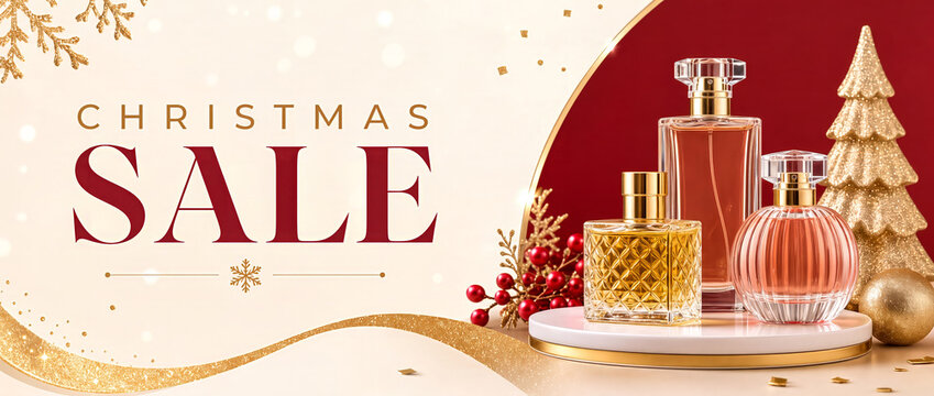 Perfume store themed wide Christmas sale banner with unbranded luxury bottles on podium, gold tree, red berries, and snowflakes on red-cream background