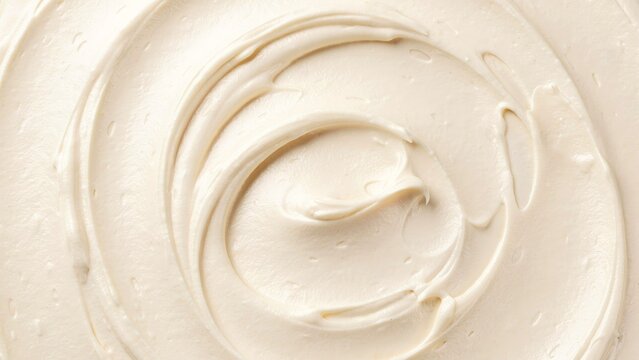 Creamy white swirl texture close up of frosting or cosmetic cream smooth thick spread for skin care products or food background dairy yogurt or whipped butter texture macro detail.