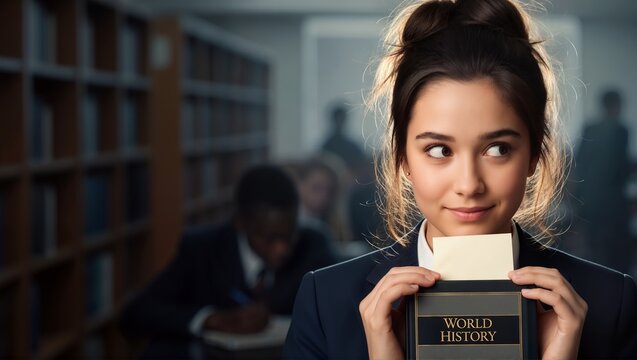 Mischievous student girl hiding note behind world history book in library. Young female in school uniform with secret message
