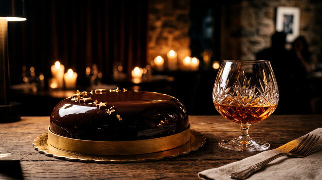 Elegant chocolate mirror glaze cake with gold leaf, luxury gourmet dessert on wooden table, crystal glass of cognac in candlelit restaurant