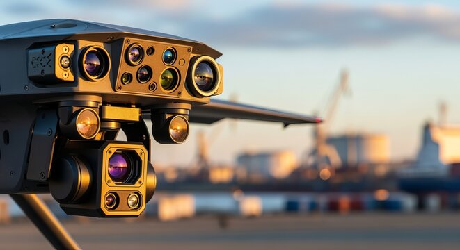 Advanced military drone sensory unit featuring multiple high resolution cameras during golden hour.