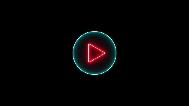colorful play button on black background. Start button. Neon glowing play button. Neon glowing play button with neon circle. 4k animation motion video
