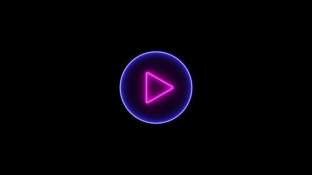 colorful play button on black background. Start button. Neon glowing play button. Neon glowing play button with neon circle. 4k animation motion video