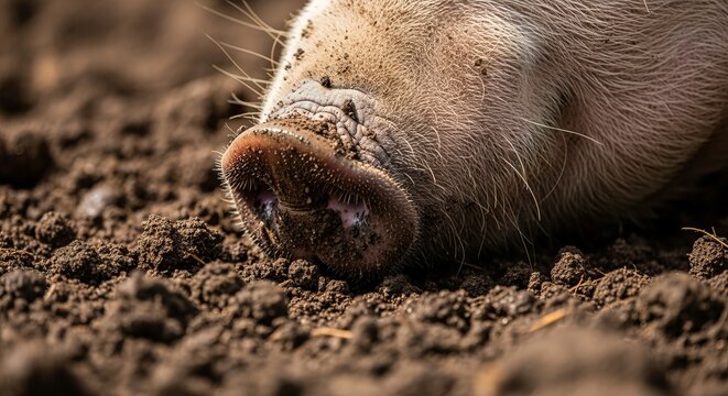 A close up photo of a wet pig snout rooting in dark moist and fertile organic soil in a farm field.