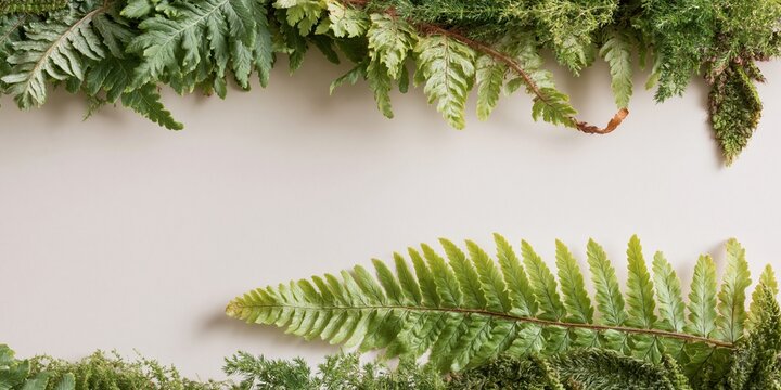 Lush green fern fronds and foliage border framing a neutral cream background with copy space, showcasing tactile leaf textures for natural design