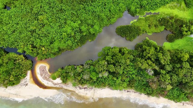 Aerial view of Parque Nacional Cahuita with lush tropical rainforest meeting the sandy beach and ocean in Cahuita, Limon, Costa Rica.