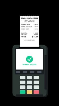 Vertical animation of a POS terminal printing a coffee shop receipt on a black background, successful payment transaction concept