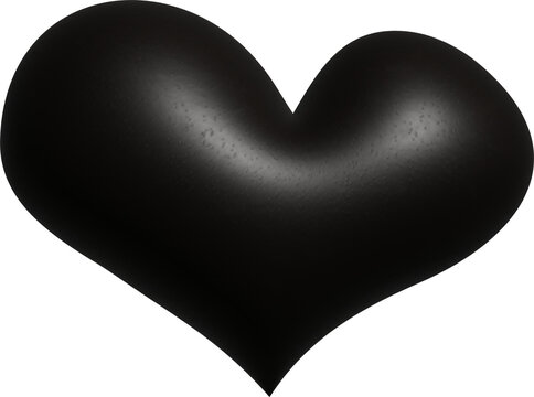 Isolated black 3D heart; rendering of a black heart with a highlight, featuring a latex or leather texture.