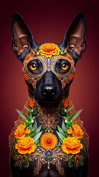 xoloitzcuintle, xolo, perro xolo, perro sin pelo mexicano, xoloitzcuintle mexicano, retrato de xoloitzcuintle, arte mexicano, cultura mexicana, D&iacute;a de los Muertos, d&iacute;a de muertos, inspiraci&oacute;n mexica, 