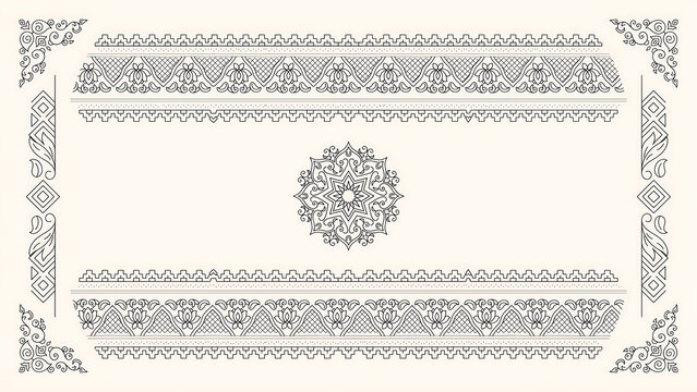 Decorative rectangular frame with a central mandala and floral borders isolated on a transparent background