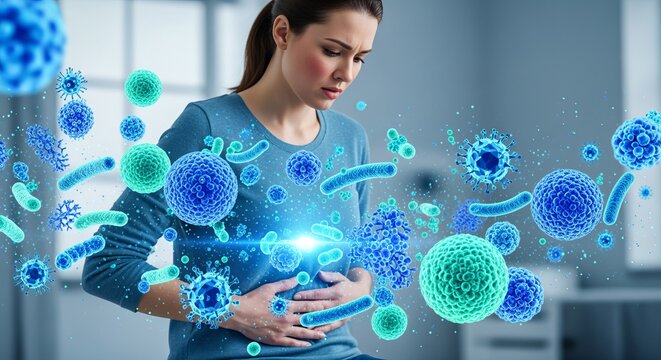 Woman Suffering from Abdominal Pain with Glowing Bacterial Microbes and Viruses Medical Illustration