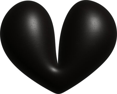 Isolated black 3D heart; rendering of a black heart with a highlight, featuring a latex or leather texture.