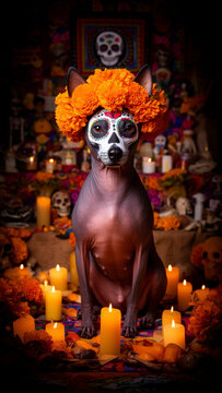 xoloitzcuintle, xolo, perro xolo, perro sin pelo mexicano, xoloitzcuintle mexicano, D&iacute;a de los Muertos, d&iacute;a de muertos, calavera mexicana, maquillaje de calavera, sugar skull, catrina canina, perro ce
