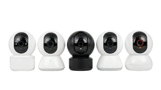 Five modern security surveillance cameras in different colors isolated on transparent background