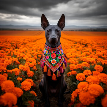 xoloitzcuintle, xolo, perro xolo, perro sin pelo mexicano, xoloitzcuintle mexicano, perro mexicano, D&iacute;a de los Muertos, d&iacute;a de muertos, cempas&uacute;chil, campo de cempas&uacute;chil, flores de cempas&uacute;chil, marigo
