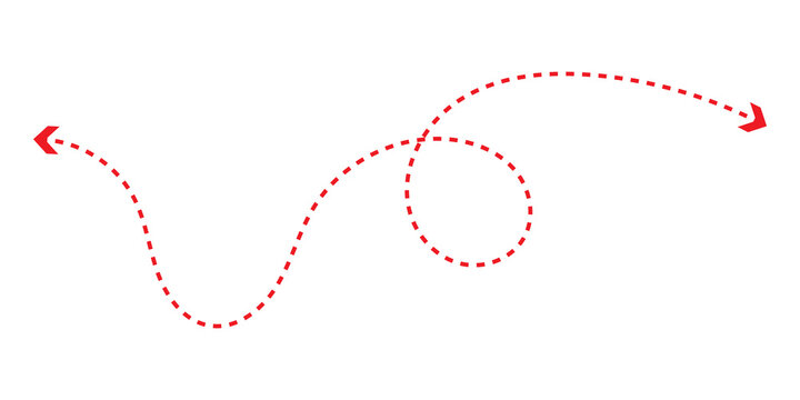Red dotted line arrow path with a curvy shape and loop design