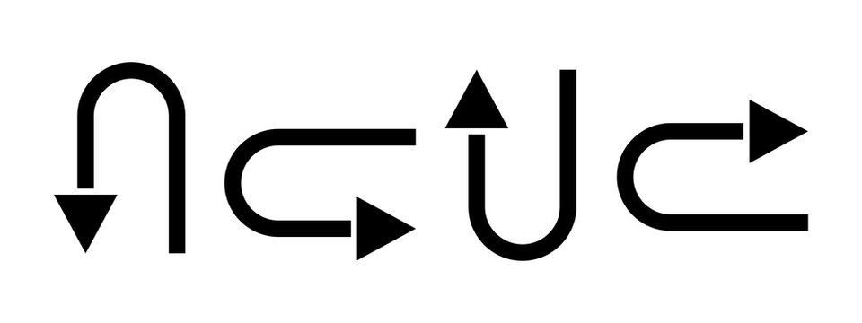 Set of four black u-turn arrows pointing in different directions for navigation and web design