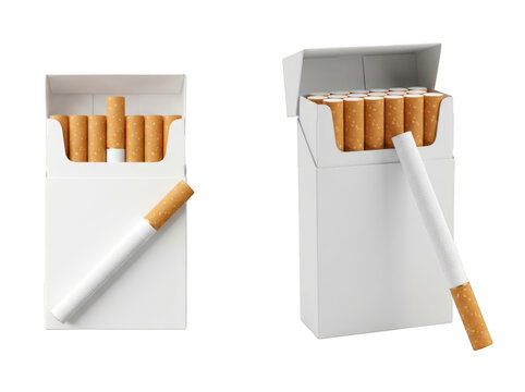 Open white cigarette packs with cigarettes isolated on transparent background