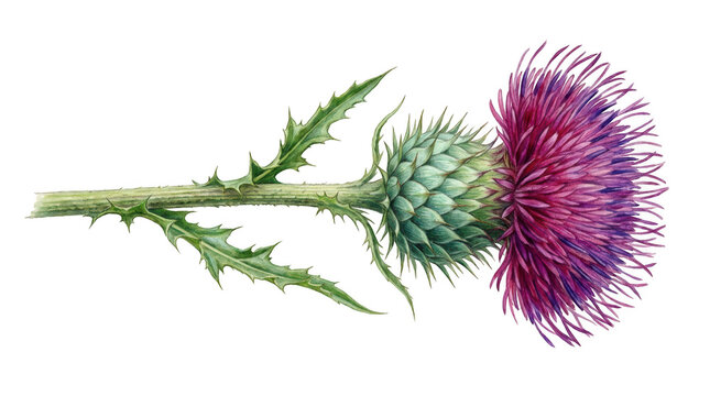 Detailed botanical illustration of a purple thistle flower isolated on transparent background