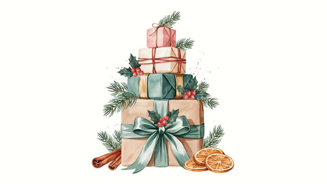 Stack of christmas gift boxes decorated with pine and berries isolated on a transparent background