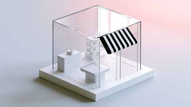Minimalist isometric display box with striped awning, abstract concept of a miniature shop, store, or exhibition booth on a clean background