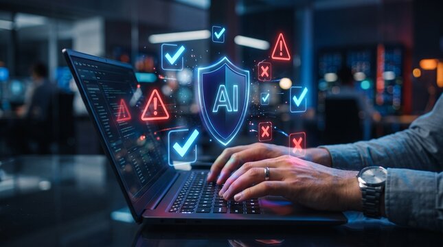 AI risk management and ethics safety concept with checklist and alert icons floating over laptop as professional ensures responsible artificial intelligence system through compliance and validation