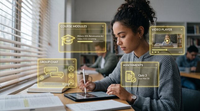 Ai online learning platform for digital education, student using tablet at home, intelligent elearning system with course assessment analytics certification and training for skill development
