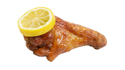 Golden brown roasted chicken wing with a fresh lemon slice, isolated on transparent background © Noah