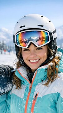 A cheerful young female skier wearing snow googles and a jacket smiles at the camera.