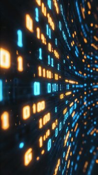 A futuristic display of digital data with a binary code matrix on a light blue background.