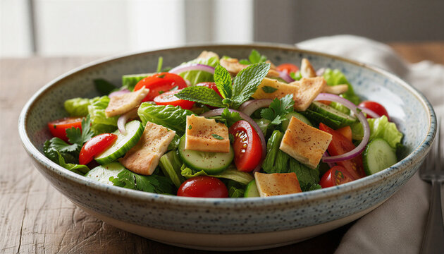 Fattoush salad in a ceramic bowl with fresh ingredients and vibrant colors