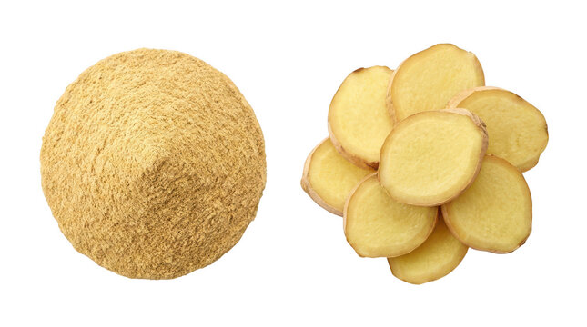 Ginger powder and sliced fresh ginger root isolated on transparent background