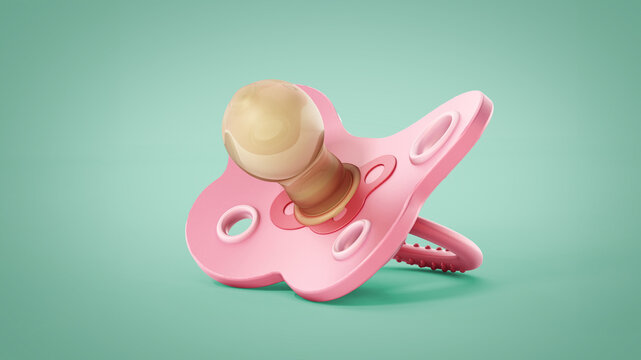 Pink baby pacifier isolated on green background. 3D illustration