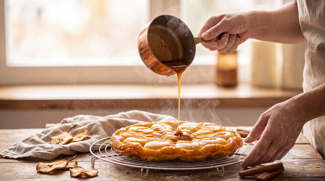 Artisan baker drizzling hot golden caramel sauce over freshly baked rustic fruit tart pastry creation with pouring steaming caramel displays person pouring