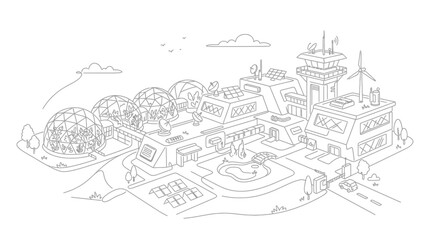 Fototapeta premium Research facility features scientific dome structures and a central tower presented in a clean line art style.