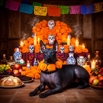 xoloitzcuintle, perro xolo, xolo mexicano, perro sin pelo, D&iacute;a de los Muertos, d&iacute;a de muertos, altar de muertos, ofrenda mexicana, ofrenda tradicional, cultura mexicana, tradici&oacute;n mexicana, cempas&uacute;chi