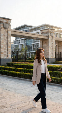 Full Length Portrait of Asian Student on University Grounds