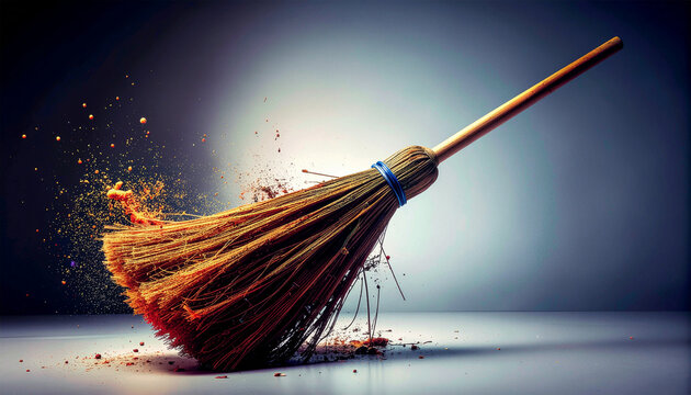 Dynamic broom sweeping away dust and debris, symbolizing cleaning, hygiene, housekeeping, spring cleaning, productivity, and home maintenance.