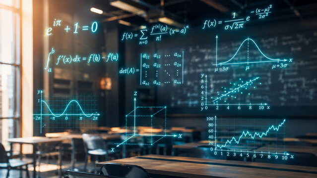 Advanced mathematics and statistics formulas floating in modern university classroom for STEM education