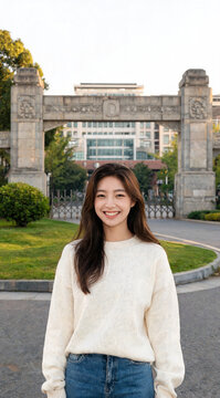 Portrait of Asian Female Student at University Gate