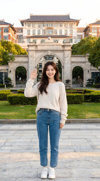 Asian Student Waving to Camera on Campus Plaza