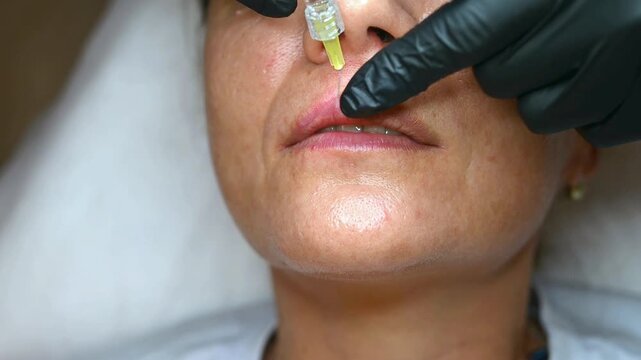 Professional lip filler injection performed by a cosmetologist. Close-up aesthetic medicine procedure for lip enhancement using hyaluronic acid in a modern beauty clinic.