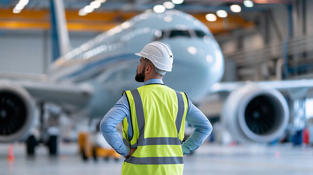 Faceless ground crew member standing behind aircraft in hangar, aviation service concept, defocused background, with copy space