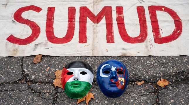 A banner with the word SUMUD written in red above two masks, one representing Palestine and the other representing Turkey, placed on a cracked asphalt surface