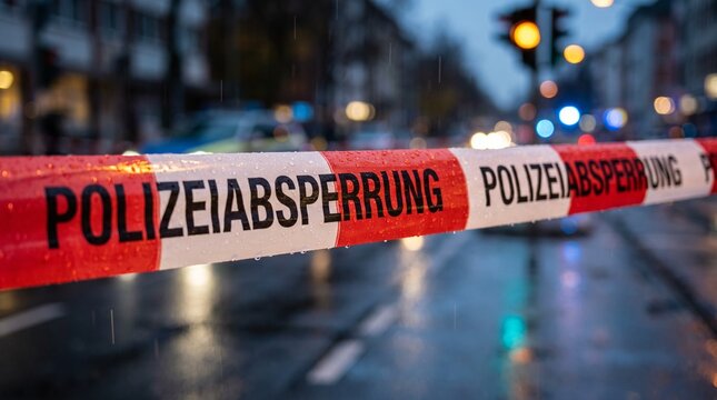 Police tape cordons off an area, suggesting a crime scene or an emergency situation. The red and white striped tape is clearly visible, with blurred streetlights and wet pavement in the background.