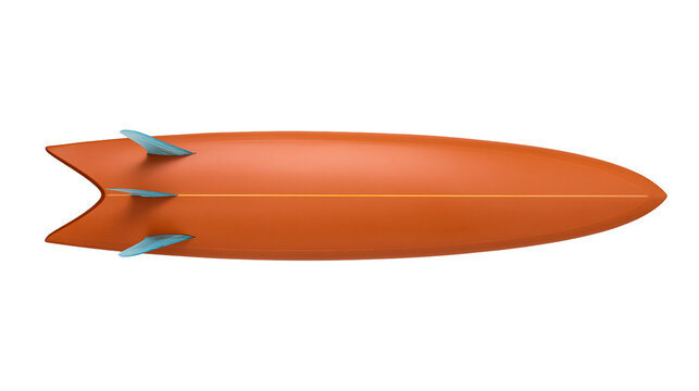 Orange surfboard with three blue fins and a thin yellow line, isolated on transparent background