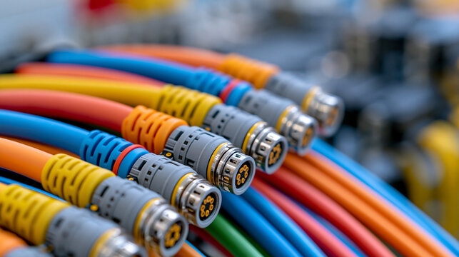 Aircraft wiring and avionics connectors inside maintenance compartment, bundled cables and industrial electronics, technical aviation infrastructure concept, defocused background,