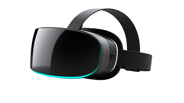 Sleek black virtual reality headset with blue light accent, isolated on transparent background