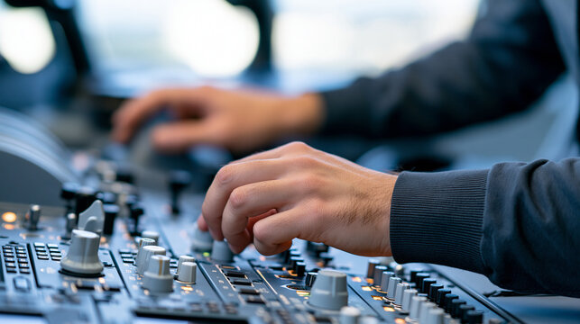 Close-up of hands adjusting avionics control panel switches in aircraft cockpit, aviation technology concept, defocused background, with copy space